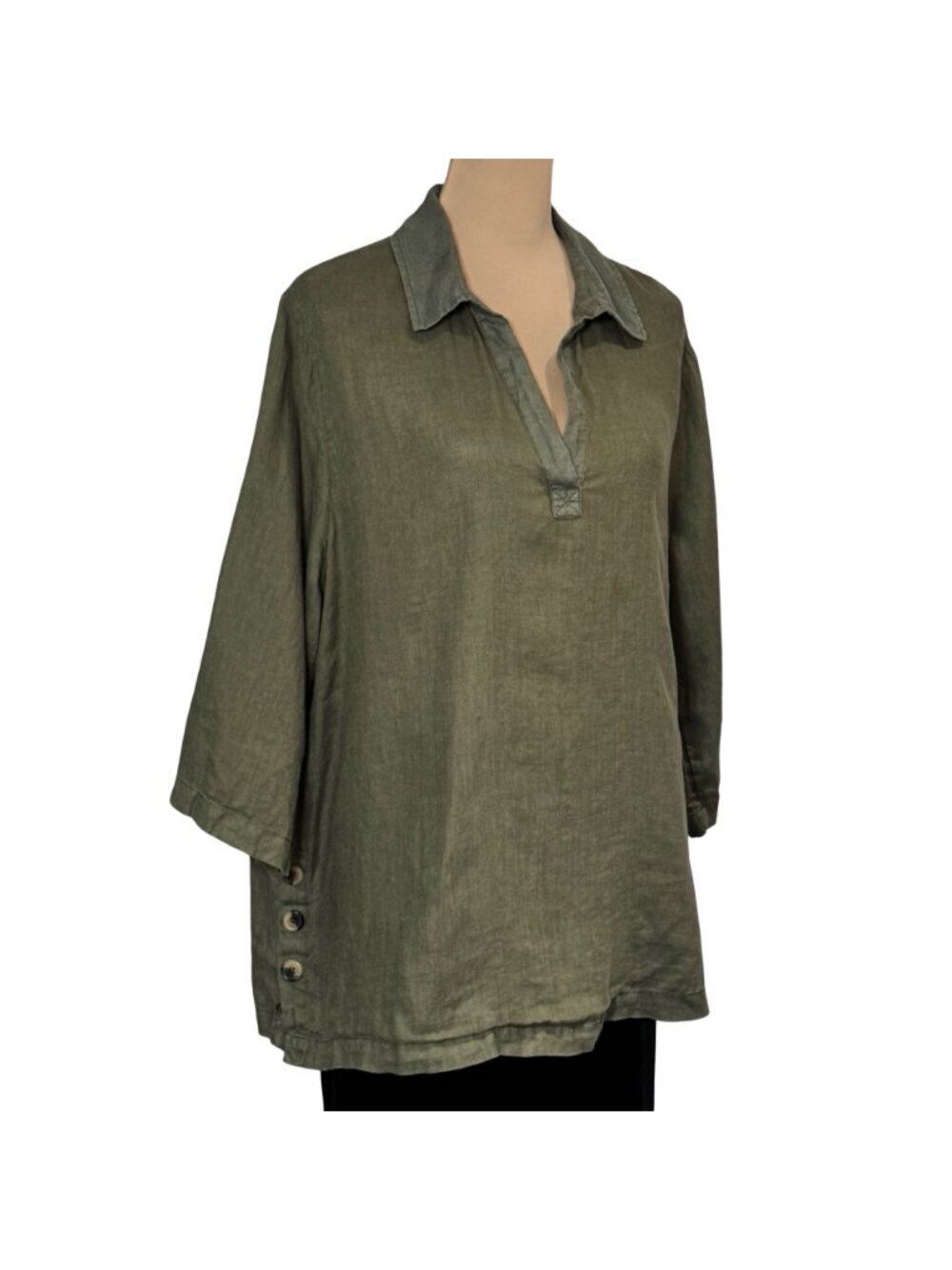 Tahari 100% Linen Lagenlook Tunic Top 1X Olive Green Coastal Minimalist